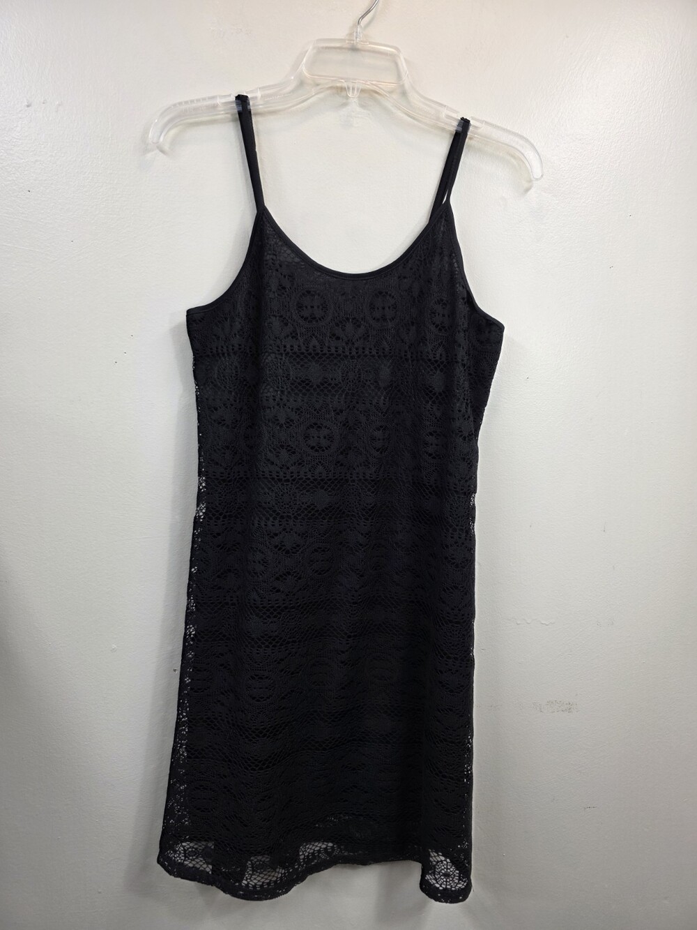 LOVE FIRE WOMEN LARGE BLACK LACE SPAGHETTI STRAP MESH LINED DRESS/ Swim Coverup
